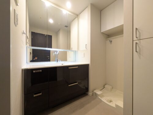 洗面化粧台は三面鏡になっており、鏡裏にもたっぷり収納できます♪