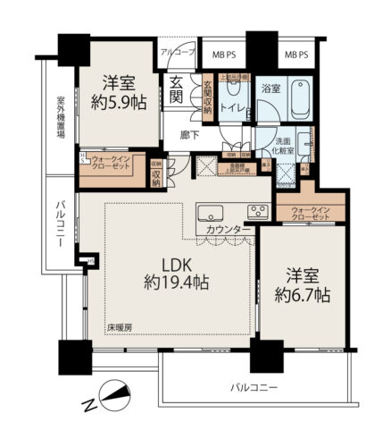 専有面積７３．３８㎡、広々としたリビングがある２ＬＤＫ♪床暖房やＷＩＣ、浴室乾燥、ディスポーザーなど便利な設備も充実♪ (間取)